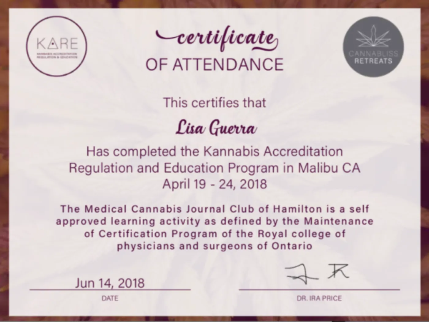 Certificate of participation for Educational Trip to Los Angeles earned by Seedella founder in April 2018
